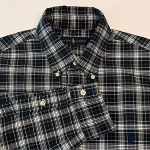 Ralph Lauren Men's Green & White Plaid 100% Cotton Long Sleeve Blue Pony Shirt